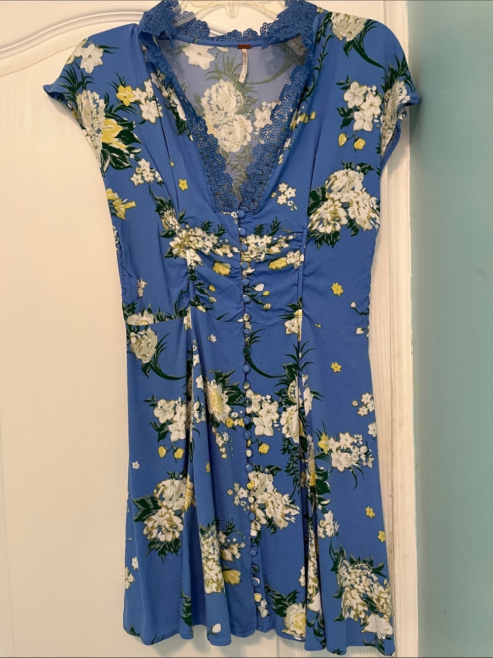 Free People Blue Floral Lace-Trim Button Front Dress
